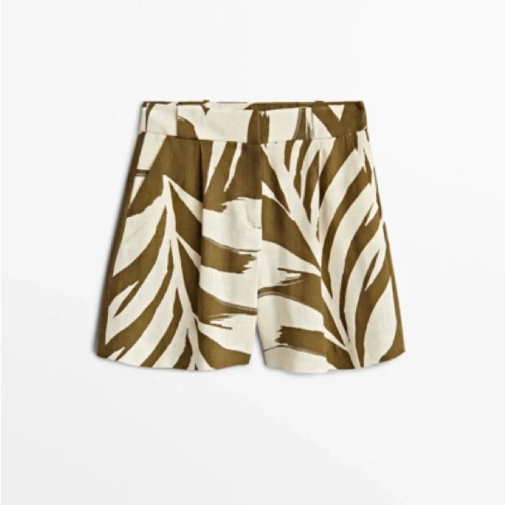 Massimo Dutti Bermuda Shorts Pleated Linen Brown Off White Palm Botanical NWT 10 - Picture 1 of 9